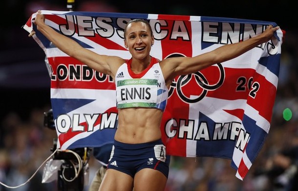 Britain's Jessica Ennis celebrates winning her women's heptathlon 800m heat at the London 2012 Olympic Games at the Olympic Stadium